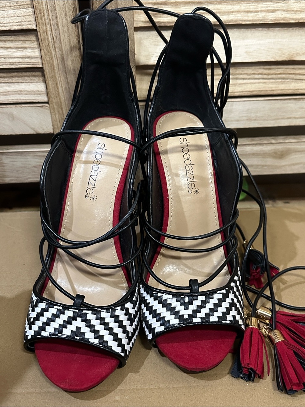 Shoe Dazzle Black, White & Red Woven Lace-Up Heels